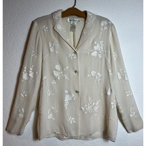 Jones New York 100%  Silk Ivory Embroidered Lined Blouse Women's Button Up 4